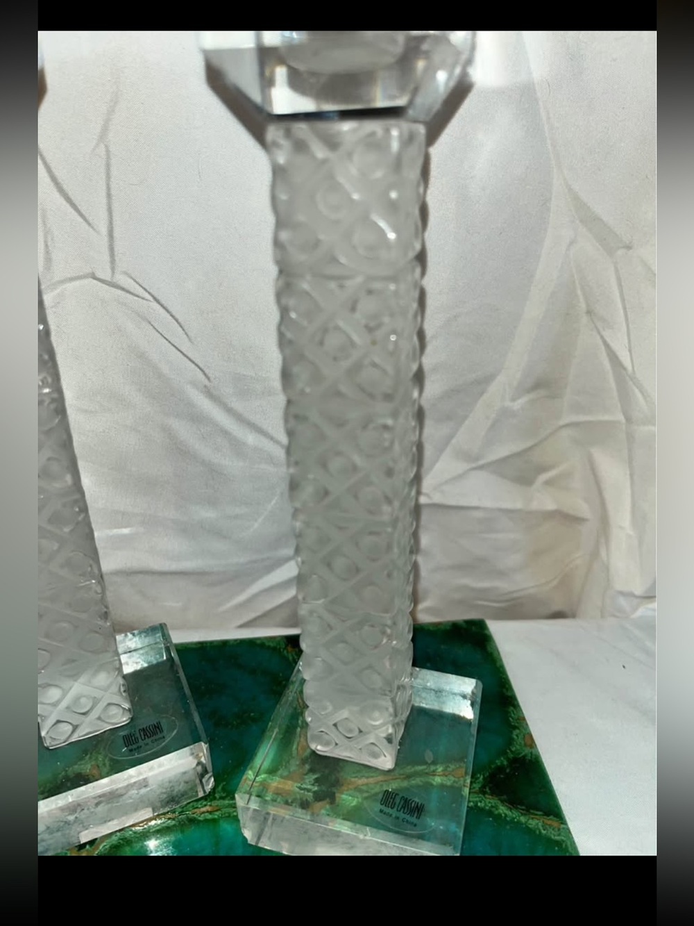 Vintage Oleg Cassini Frosted Crystal Lattice Column Candle Holders -10 inch